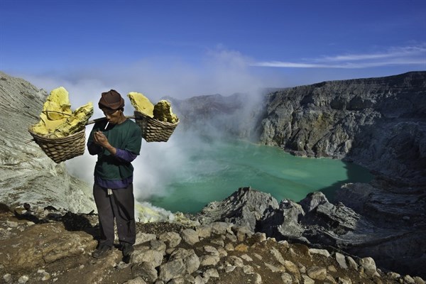 Indonesia Mining Sulfur By Hand In Kawah Ijen Volcano