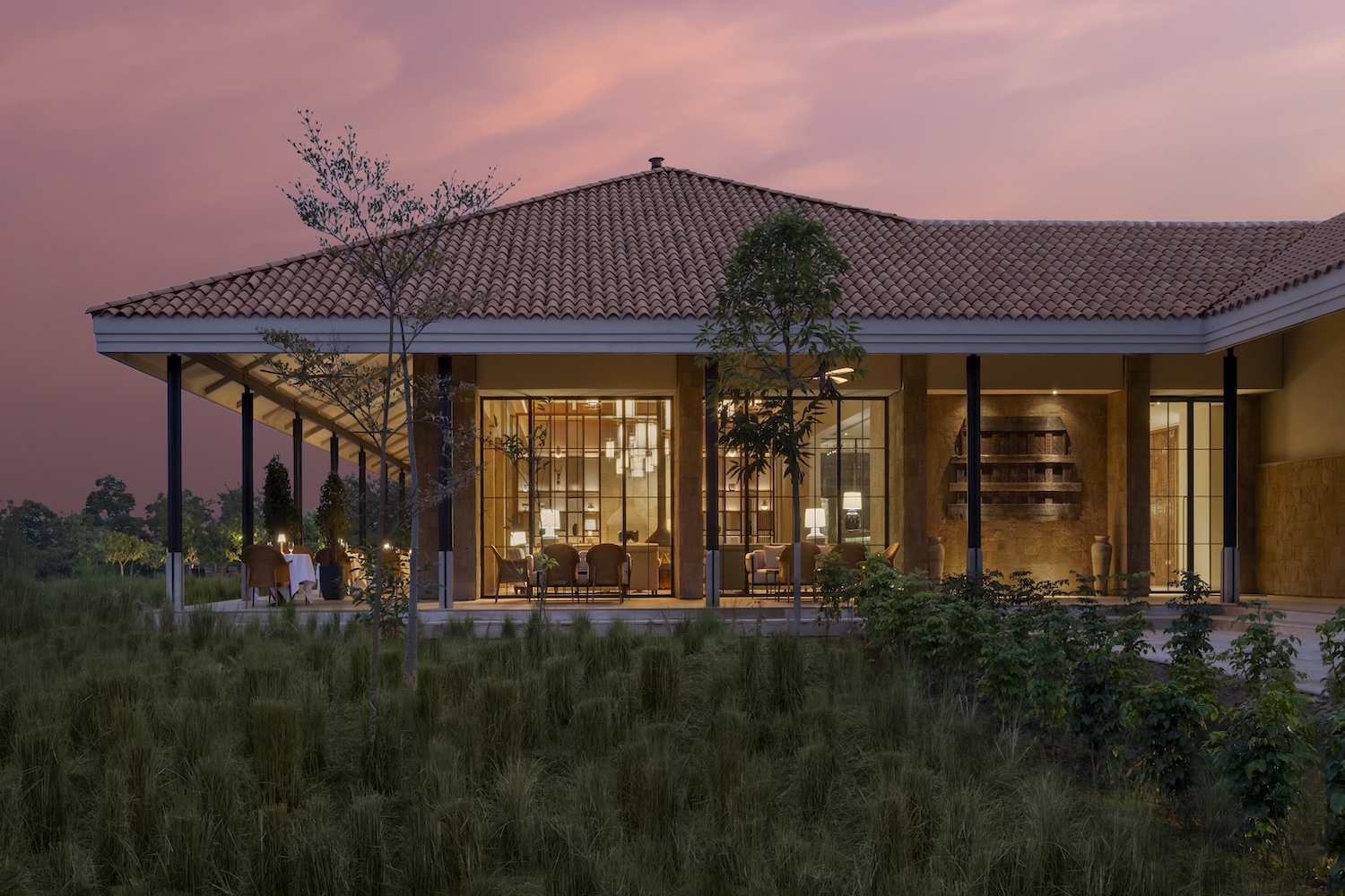 External View of the Lodge in evening, Oberoi Vindhyavilas, Bandhavgarh, North India.jpg