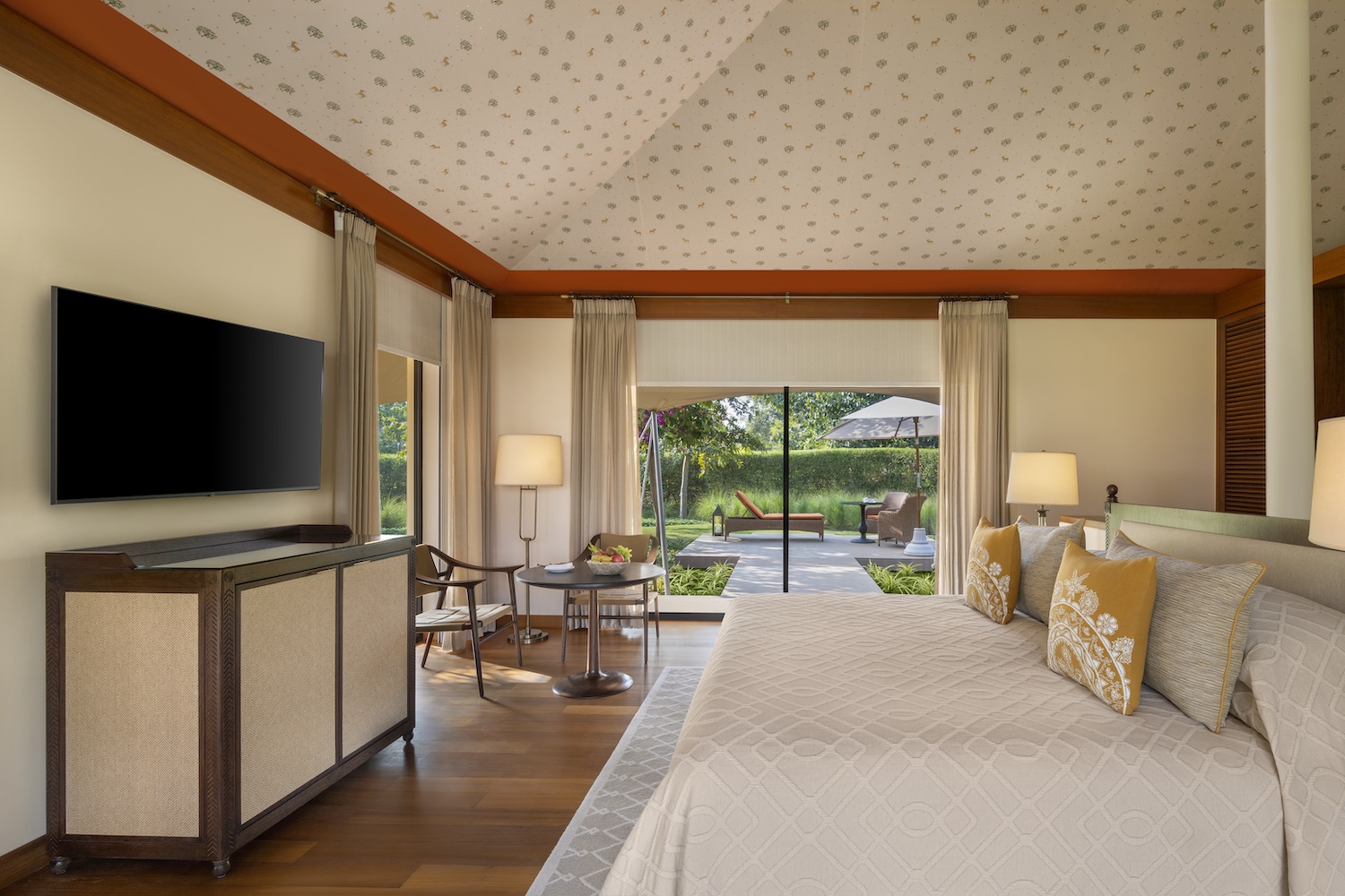 Luxury Tent Bedroom Partial View with Garden and Deck, Oberoi Vindhyavilas, Bandhavgarh, North India.jpg